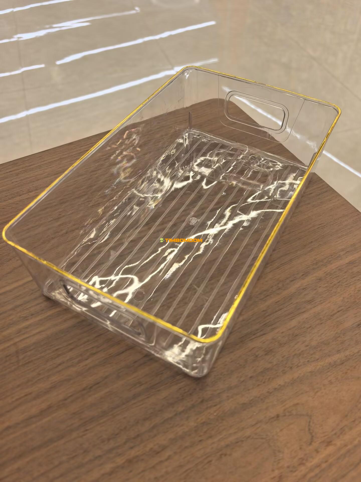 Clear Rectangular Storage Tray with Handles & Golden Rim