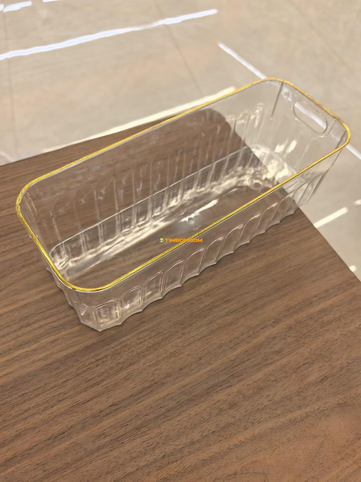 Clear Long Rectangular Storage Tray with Handles & Golden Rim
