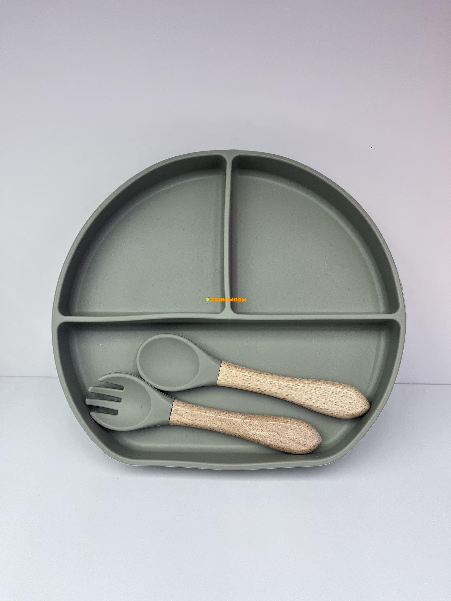 Silicone Baby Divided Plate with Wooden Handle Spoon and Fork Set Silicone Baby Divided Plate with Wooden Handle Spoon and Fork Set