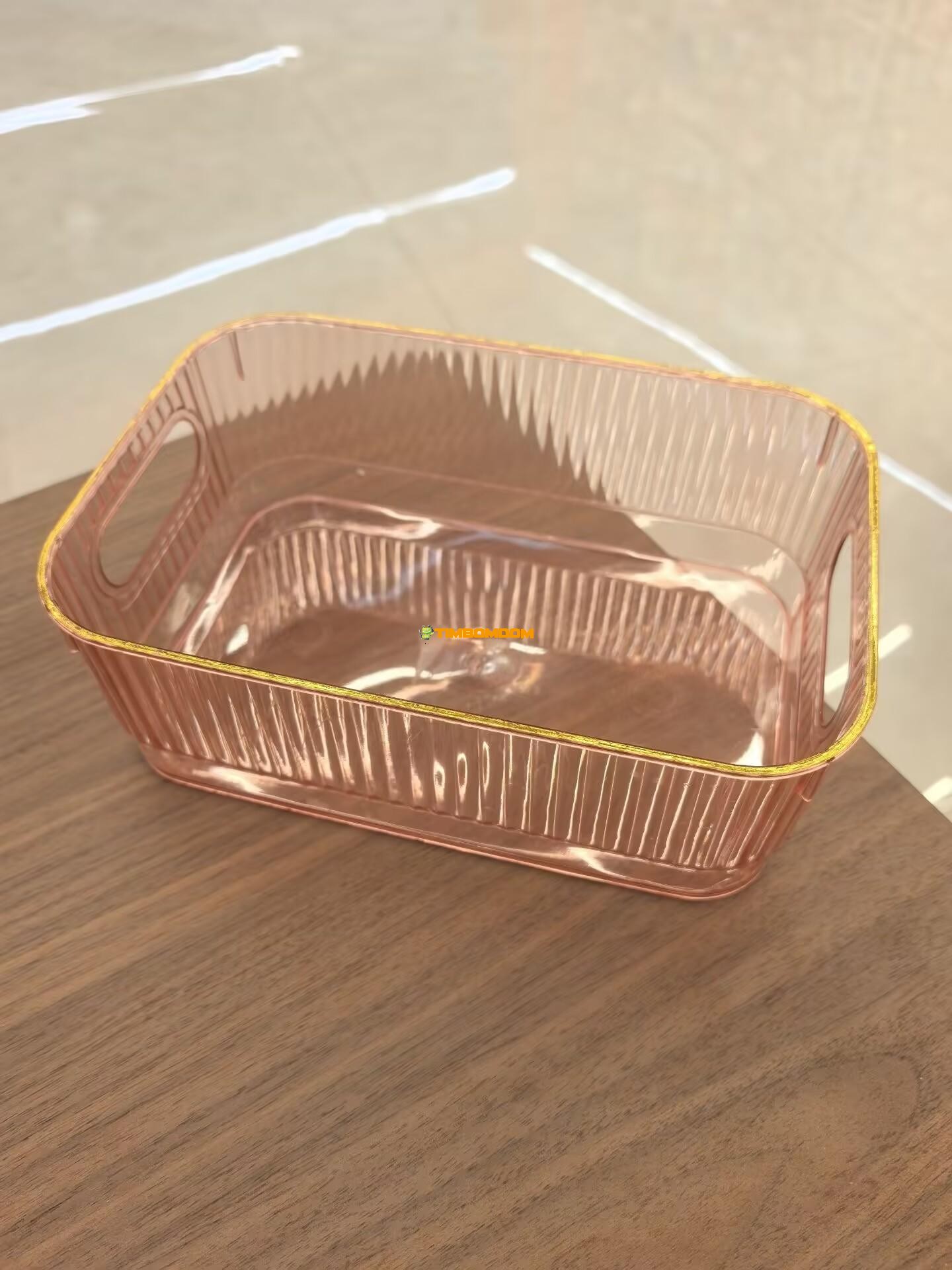 rectangular Transparent Plastic Storage Basket with Handles & Gold Rim rectangular Transparent Plastic Storage Basket with Handles & Gold Rim