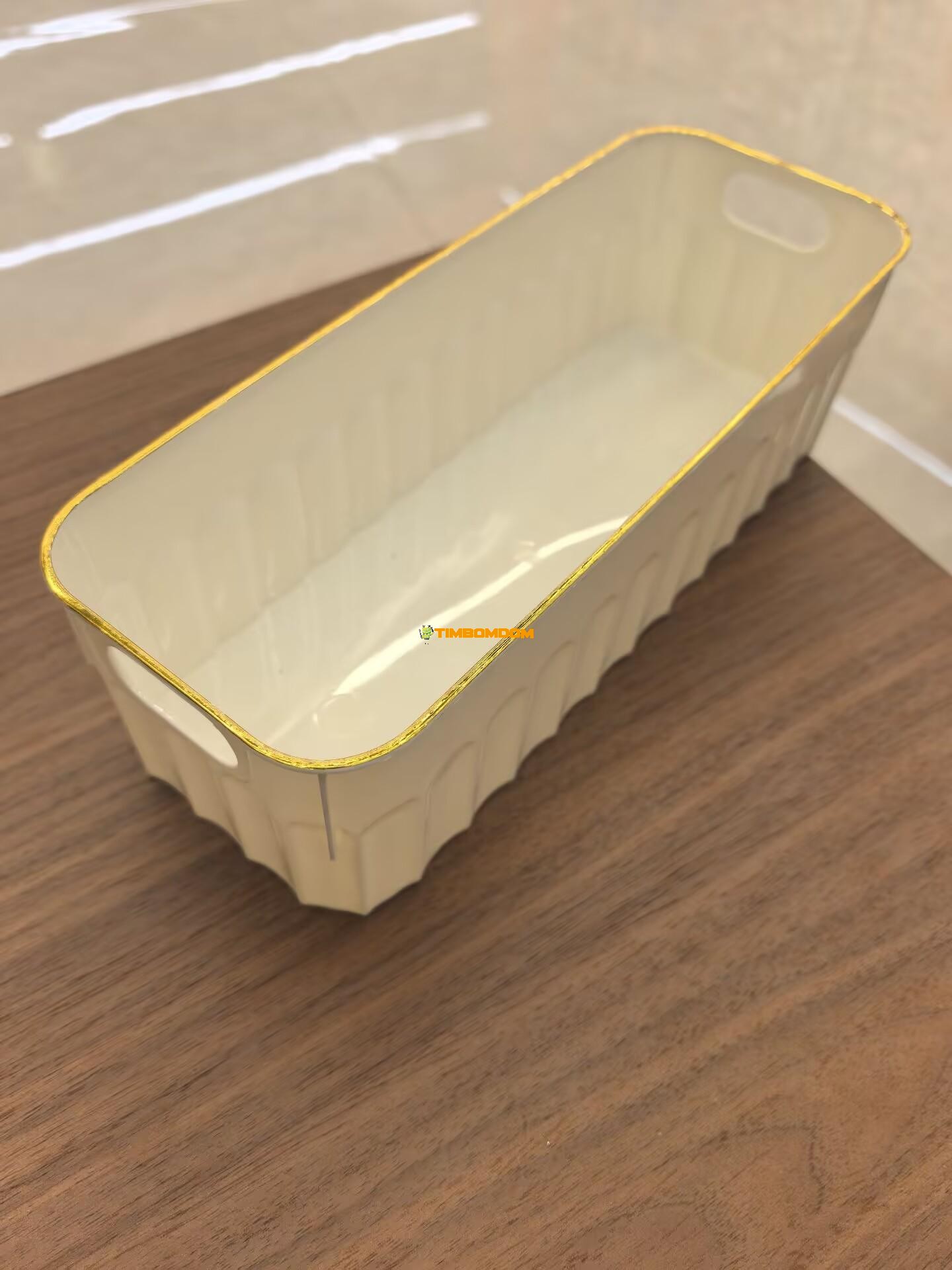 Long Rectangular Plastic Storage Tray with Handles & Golden Rim Long Rectangular Plastic Storage Tray with Handles & Golden Rim